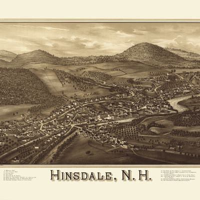 Hinsdale, nh in 1886 - bird's eye view map, aerial, panorama, vintage, antique, reproduction, giclée, framable, fine art