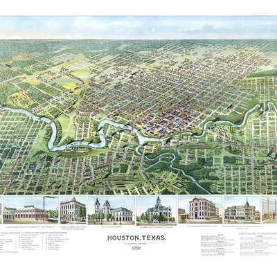 Houston, texas in 1891 - bird's eye view, aerial map, panorama, vintage map, antique map, reproduction, giclée, fine art, wall art
