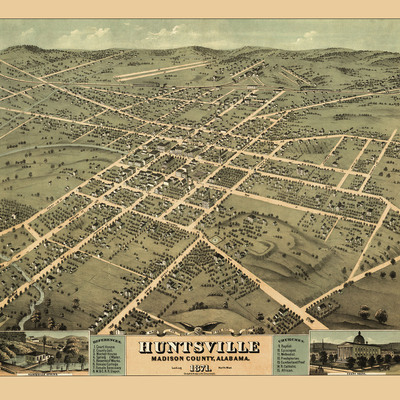 Huntsville, al in 1871 - bird's eye view map, aerial map, panorama, vintage map, antique, reproduction, giclée, framable, fine art, history