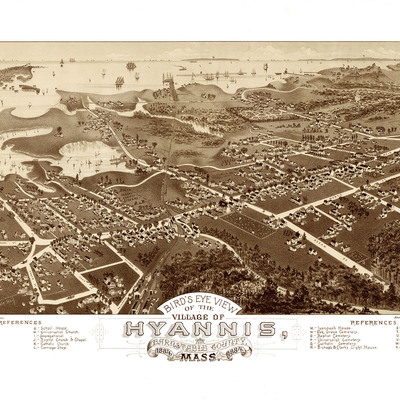 Hyannis, ma in 1884 - bird's eye view map, aerial, panorama, vintage, antique, reproduction, giclée, framable, fine art