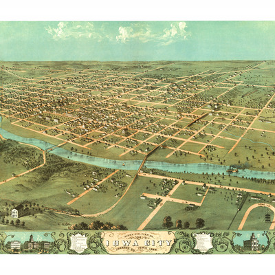 Iowa city, ia in 1868 - bird's eye view map, aerial map, panorama, vintage, antique map, reproduction, giclée, framable, fine art, wall art