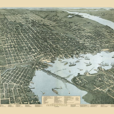 Jacksonville, florida in 1889 - bird's eye view, aerial, panorama, vintage, antique, reproduction, giclée, fine art, wall art, history