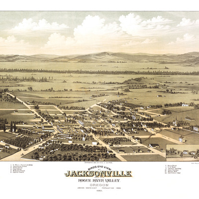 Jacksonville, oregon in 1883 - bird's eye view map, aerial map, panorama, vintage map, antique map, reproduction, giclée, fine art, wall art