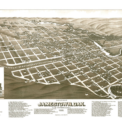 Jamestown, north dakota in 1883 - bird's eye view map, aerial, panorama, vintage, antique, reproduction, giclée, fine art, wall map