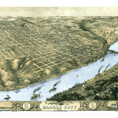 Kansas city, missouri in 1869 - bird's eye view map, aerial map, panorama, vintage map, antique, reproduction, giclée, fine art, history