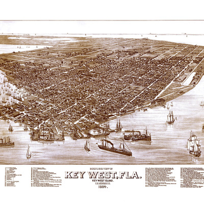 Key west, florida in 1884 - bird's eye view map, aerial, panorama, vintage, antique, reproduction, giclée, fine art, wall art, history
