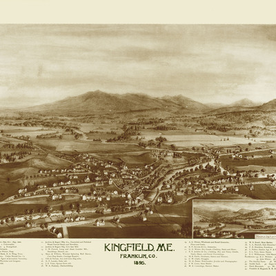 Kingfield, me in 1895 - bird's eye view map, aerial, panorama, vintage, antique, reproduction, giclée, framable, fine art, home decor