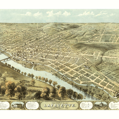 Lafayette, indiana in 1868 - bird's eye view map, aerial, panorama, vintage, antique, reproduction, giclée, fine art, wall art, history