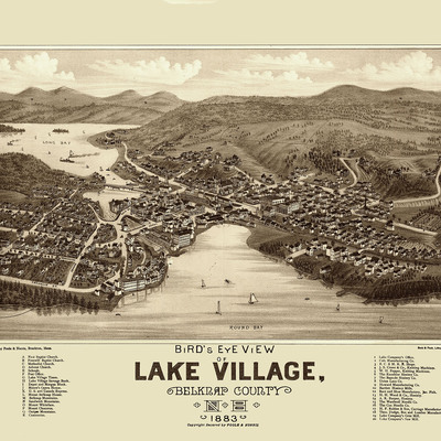 Lake village, nh in 1883 - bird's eye view map, aerial, panorama, vintage, antique, reproduction, giclée, framable, fine art