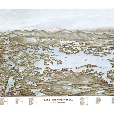 Lake winnepesaukee, new hampshire in 1903 - bird's eye view, aerial, panorama, vintage, antique, fine art, wall map, history