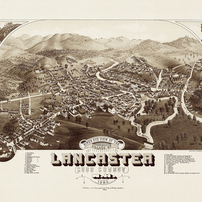 Lancaster, nh in 1883 - bird's eye view map, aerial map, panorama, vintage map, antique map, reproduction, giclée, framable, fine art