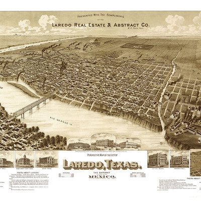 Laredo, texas in 1892 - bird's eye view, aerial panorama, vintage, antique map, reproduction, fine art, wall art, history