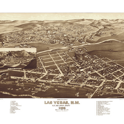Las vegas, new mexico in 1882 - bird's eye view, aerial, panorama, vintage map, antique map, reproduction, giclée, framable map, fine art