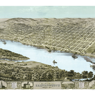 Leavenworth, kansas in 1869 - bird's eye view map, aerial map, panorama, vintage map, antique map, reproduction, framable map, fine art