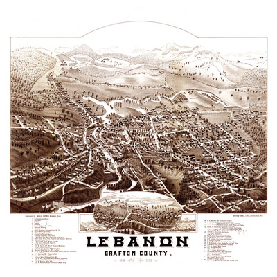 Lebanon, nh in 1884 - bird's eye view map, aerial map, panorama, vintage map, antique map, reproduction, giclée, framable, fine art map