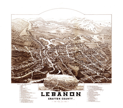 Lebanon, NH in 1884 - Bird's Eye View Map, Aerial Map, Panorama, Vintage map, Antique map, Reproduction, Giclée, Framable, Fine Art map