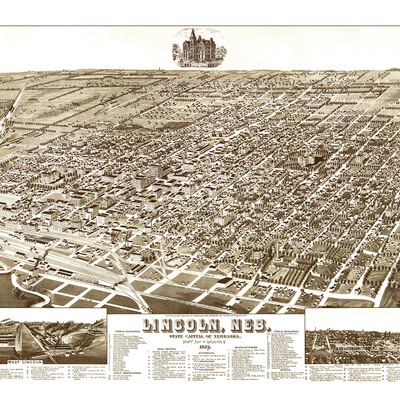 Lincoln, nebraska in 1889 - bird's eye view map, aerial, panorama, vintage, antique, reproduction, giclée, framable, fine art, wall map