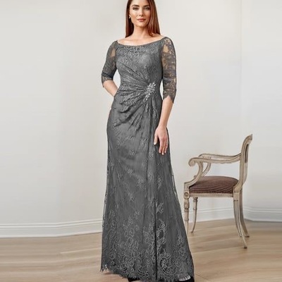 Mother of the Bride Dresses with Lace 3/4 Sleeves Pleated 