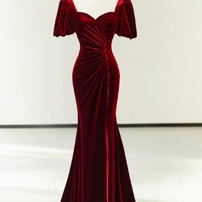 Burgundy velvet long prom dress, mermaid short sleeve evening party dress - Thumbnail 1