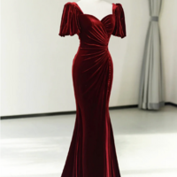 Burgundy Velvet Long Prom Dress, Mermaid Short Sleeve Evening Party Dress - Thumbnail 1