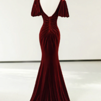 Burgundy Velvet Long Prom Dress, Mermaid Short Sleeve Evening Party Dress - Thumbnail 2