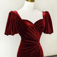 Burgundy Velvet Long Prom Dress, Mermaid Short Sleeve Evening Party Dress - Thumbnail 3