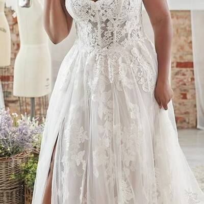 Elegant plus size lace appliques wedding dress bridal gown
