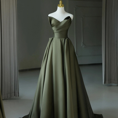 Green satin long strapless prom dress, a-line evening dress - Thumbnail 1