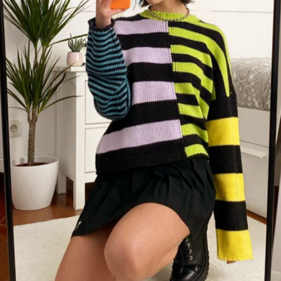 Color block striped pullover knit sweater - Thumbnail 2