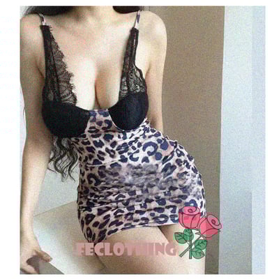 Sexy leopard print contrast color stitching lace v-neck backpack hip dress - Thumbnail 4