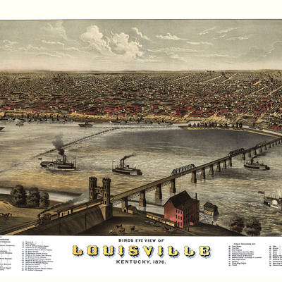 Louisville, ky in 1876 - bird's eye view map, aerial map, panorama, vintage map, antique map, reproduction, giclée, framable map, fine art
