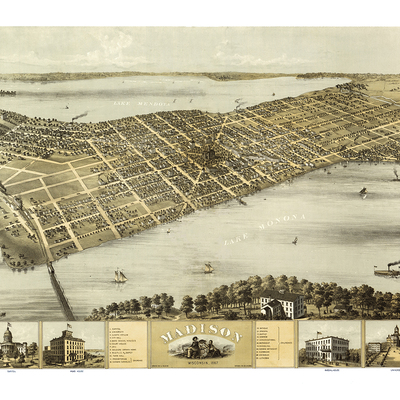 Madison, wisconsin in 1867 - bird's eye view map, aerial, panorama, vintage, antique, reproduction, giclée, fine art, wall art