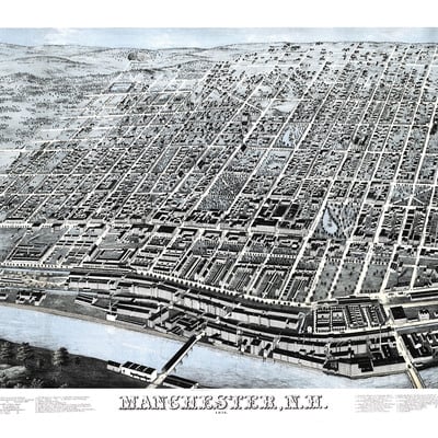 Manchester, nh in 1876 - bird's eye view map, aerial map, panorama, vintage map, antique map, reproduction, giclée, framable map, fine art