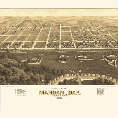 Mandan, north dakota in 1883 - bird's eye view map, aerial, panorama, vintage, antique, reproduction, giclée, fine art, wall art, history