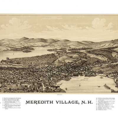 Meredith village, nh in 1889 - bird's eye view map, aerial, panorama, vintage, antique, reproduction, giclée, framable, fine art