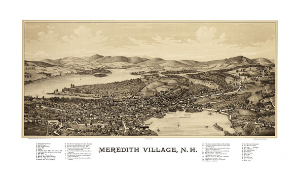Meredith Village, NH in 1889 - Bird's Eye View Map, Aerial, Panorama, Vintage, Antique, Reproduction, Giclée, Framable, Fine Art