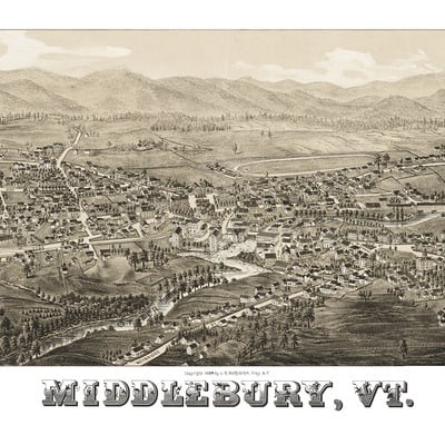 Middlebury, vermont in 1886 - bird's eye view, aerial, panorama, vintage, antique map, reproduction, giclée, wall map, history