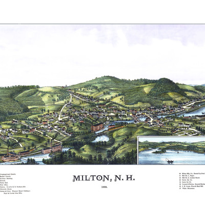Milton, nh in 1888 - bird's eye view map, aerial, panorama, vintage, antique, reproduction, giclée, framable, fine art