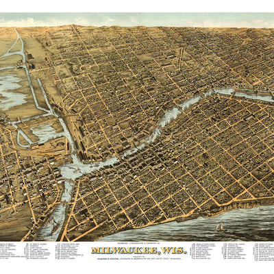 Milwaukee, wisconsin in 1872 - bird's eye view map, aerial, panorama, vintage, antique, reproduction, giclée, framable, fine art
