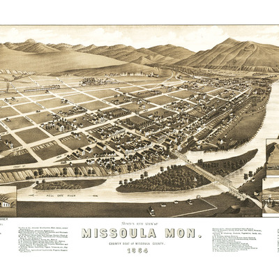 Missoula, montana in 1884 - bird's eye view map, aerial, panorama, vintage, antique, reproduction, giclée, fine art, wall art, history