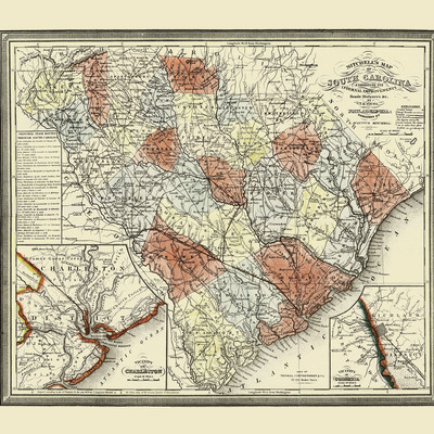 Mitchell's south carolina in 1849 - state map, restoration, vintage, antique, fine art, wall art, history