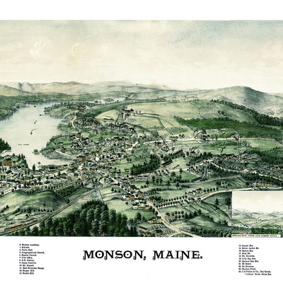 Monson, maine in 1889 - bird's eye view map, aerial, panorama, vintage, antique, reproduction, giclée, framable, fine art