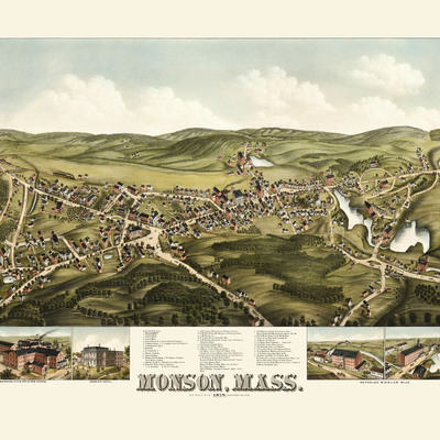 Monson, ma in 1879 - bird's eye view, aerial map, panorama, vintage map, antique map, reproduction, giclée, framable map, fine art. wall map