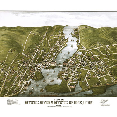 Mystic river, ct & mystic bridge in 1879 - bird's eye view, aerial map, panorama, vintage map, antique map, giclée, fine art. wall map