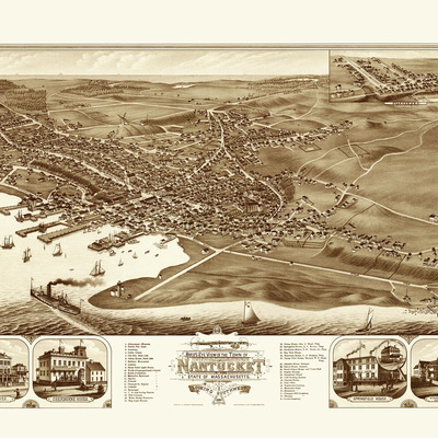 Nantucket, ma in 1881 - bird's eye view map, aerial, panorama, vintage, antique, reproduction, giclée, framable, fine art