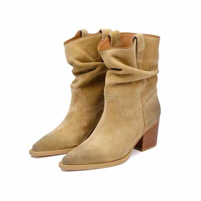 Handmade suede leather mid-tube women's thick heel Martin boots