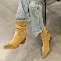 Handmade suede leather mid-tube women's thick heel Martin boots - Thumbnail 2