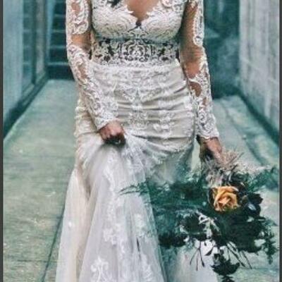 Elegant mermaid lace appliques long sleeve wedding dress bridal gown