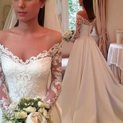 Elegant a line lace appliques long sleeve wedding dress bridal gown