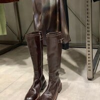 Genuine leather wrinkled vintage high-top knight boots with side zipper 2 colors - Thumbnail 1